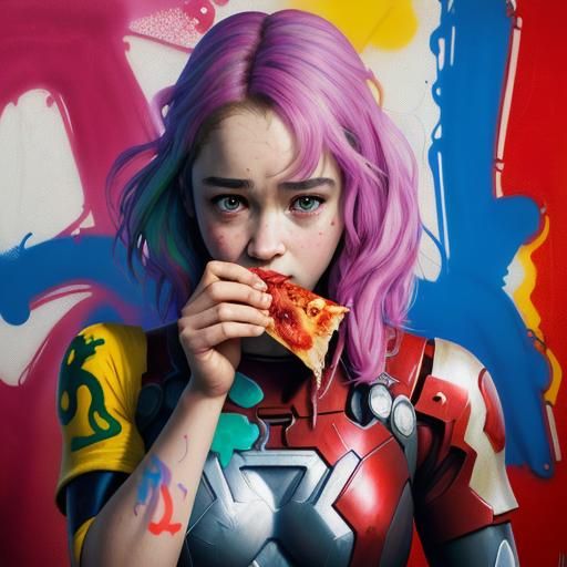 Graffiti Art of Superhero's Child Eating Pizza