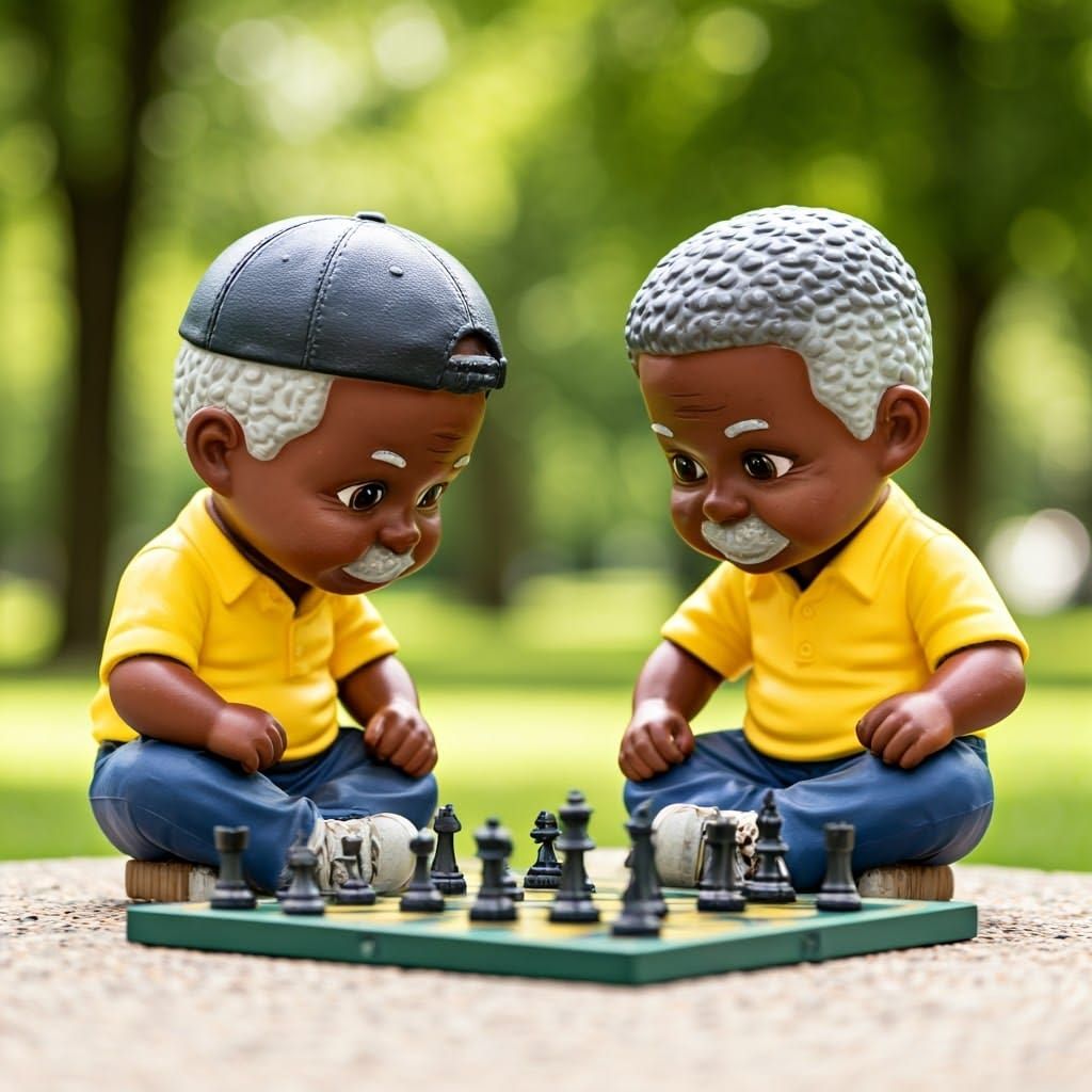 Chibi Black Men Play Chess in Park