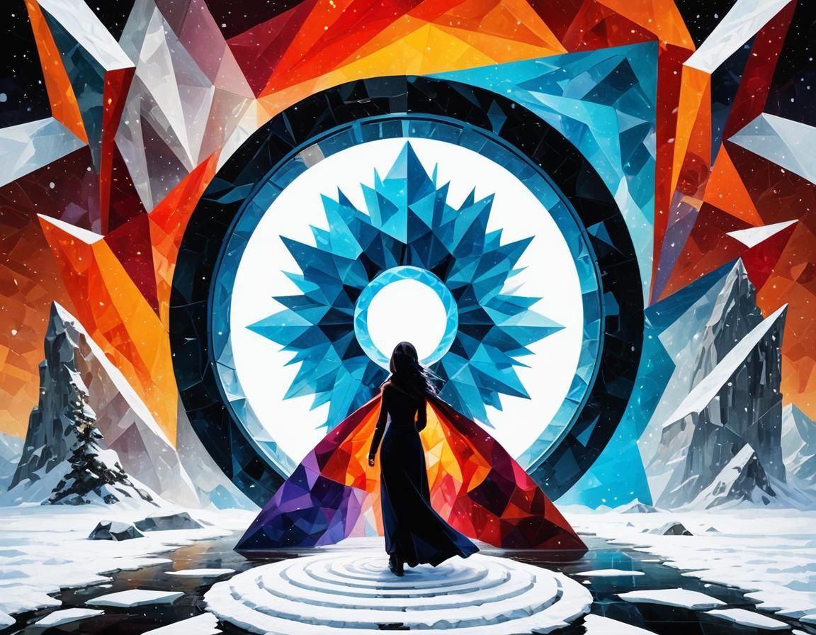 Mystical Winter Portal in Geometric Cubism