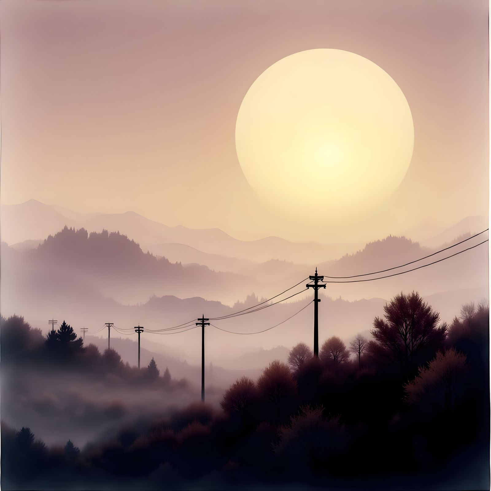 Painterly Twilight Landscape With Large Glowing Sun