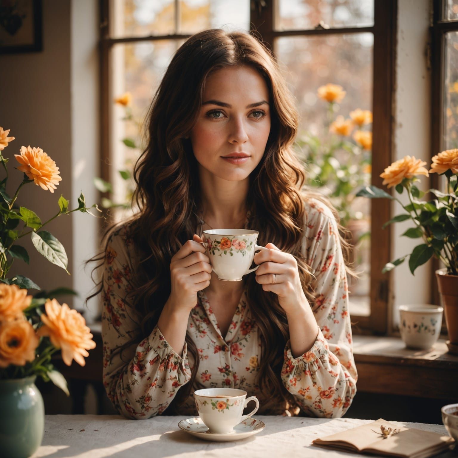 Elegant Woman in Vintage Tea Setting