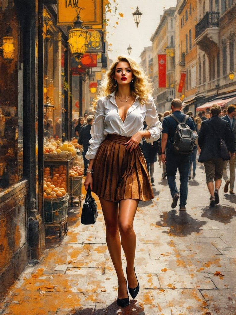 1950s Pin-Up Woman in City Scene as Muscular Watercolor