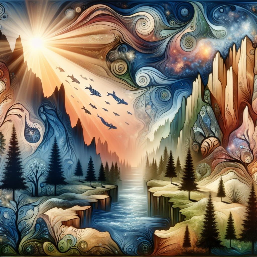 Magical Landscape Painting with Hidden Salmon
