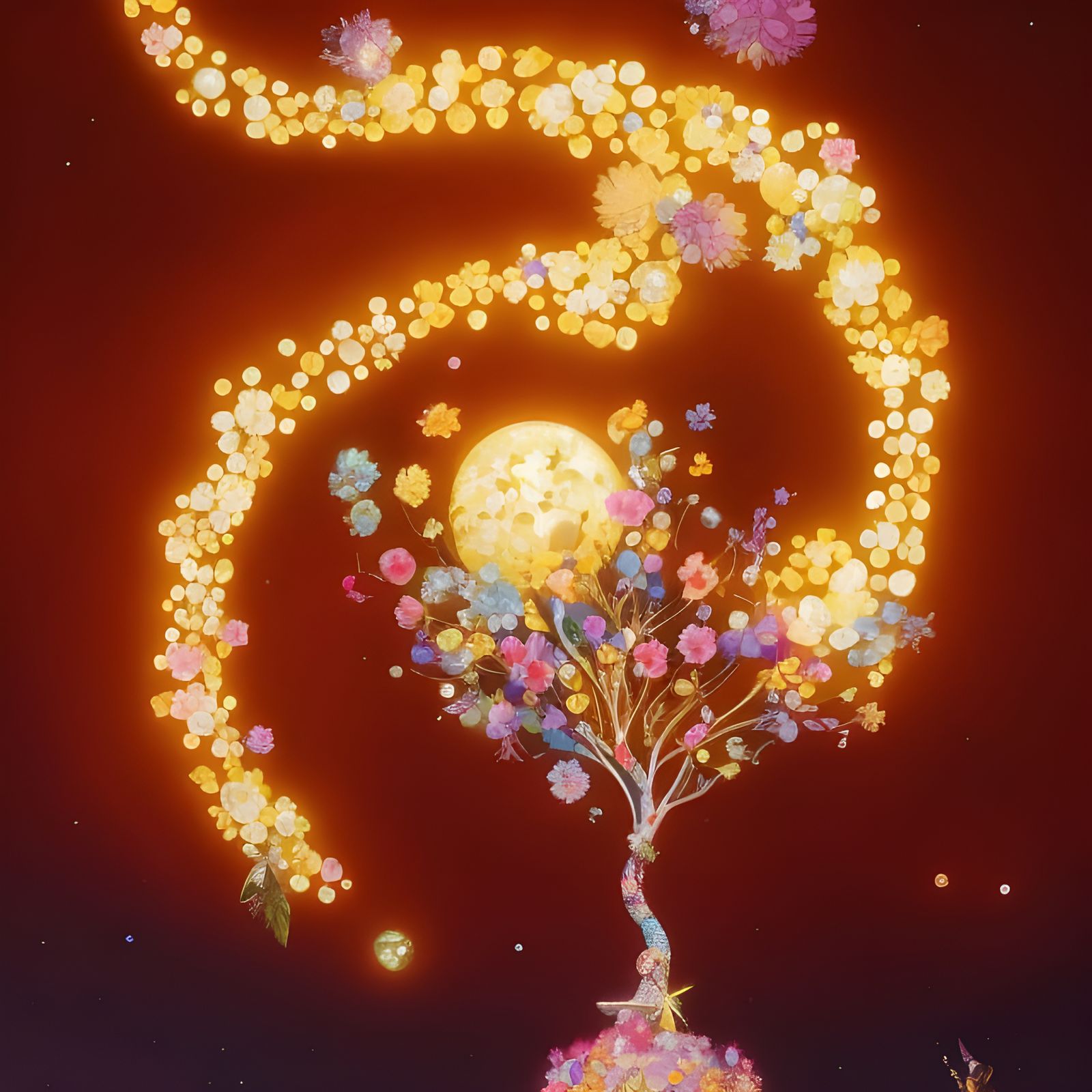 Floating Tree Castle with Flowers and Sparkles