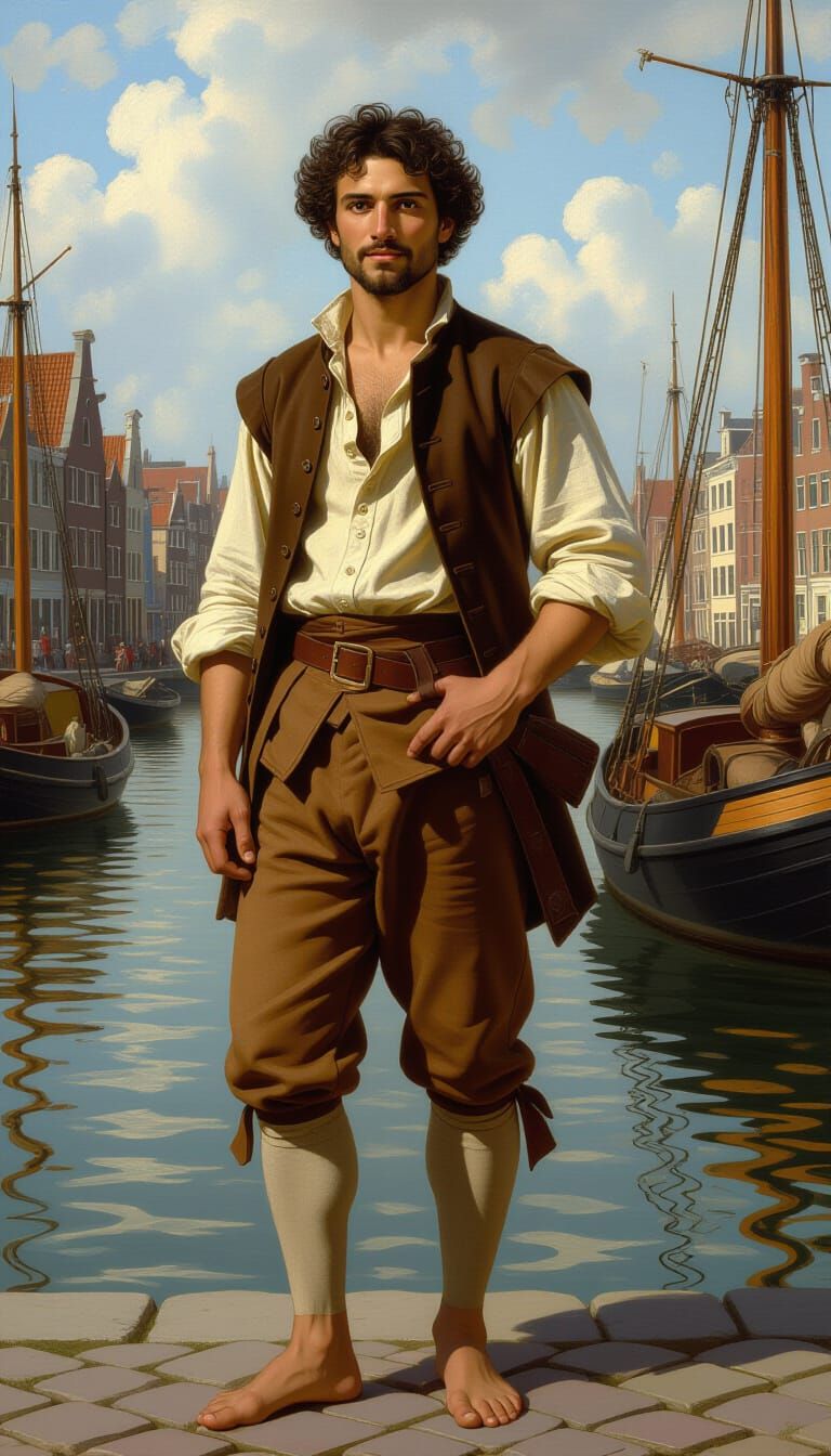 Man in 17th Century Amsterdam Harbor, Classical Art