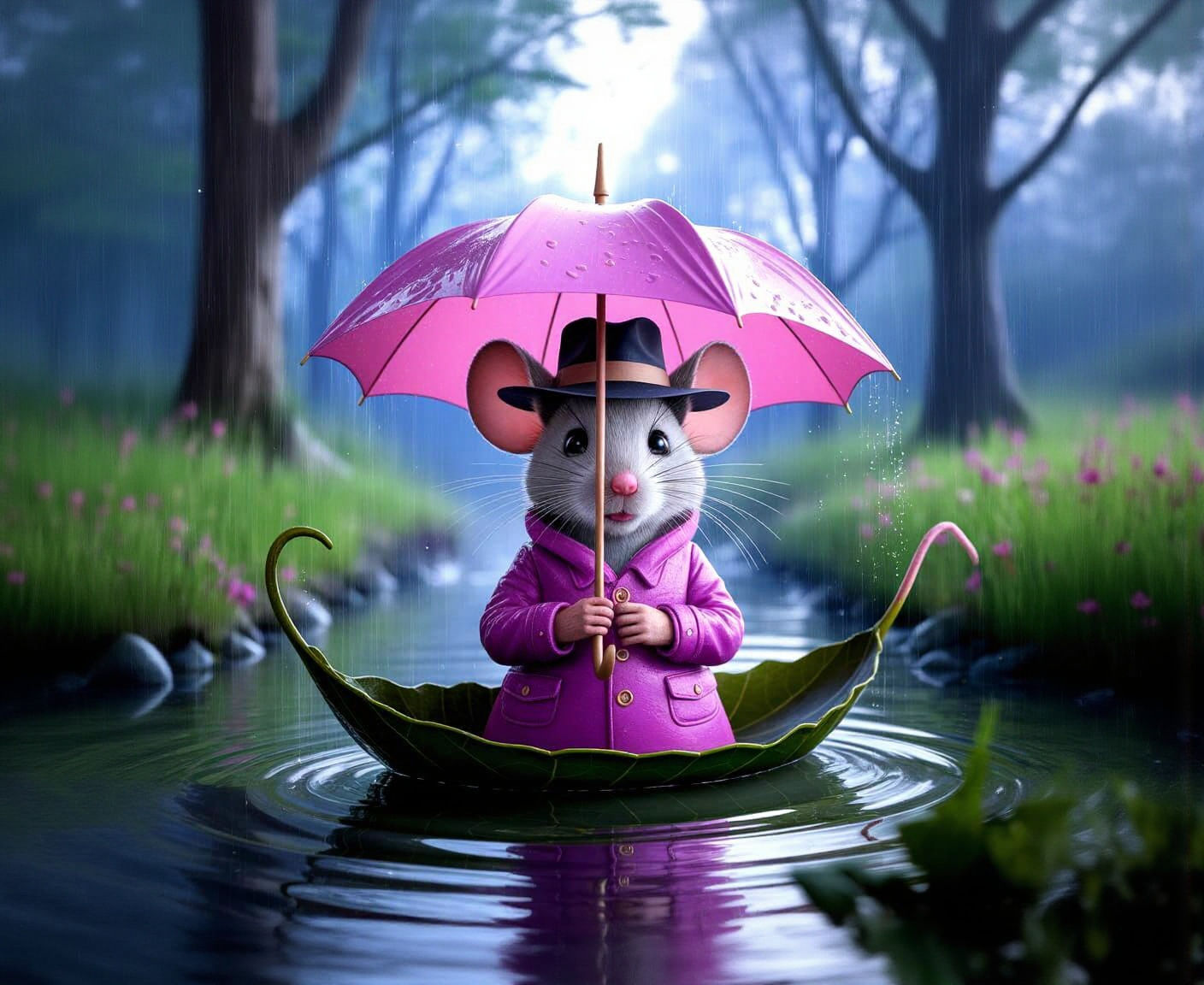 Mouse in Raincoat Sailing Leaf Boat