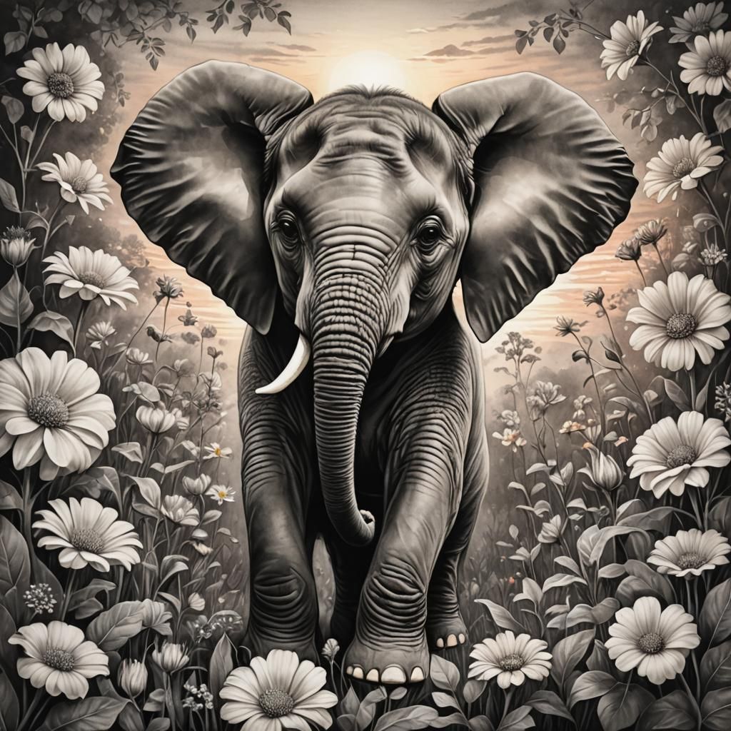 Baby Elephant in Flowers: Detailed Charcoal Drawing