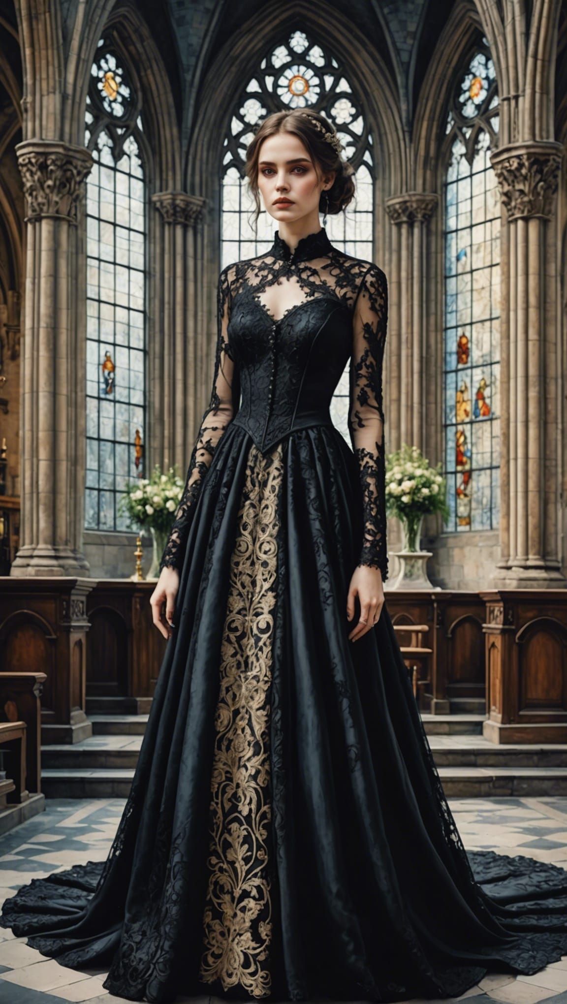 Gothic Girl in Black Lace Dress, Watercolor Art