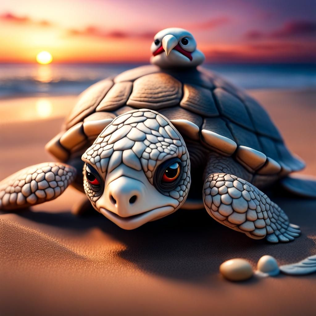 Chibi Sea Turtle and Angry Bird at Sunset