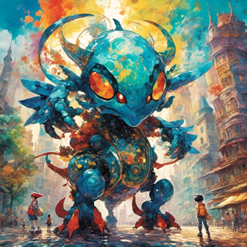 <lora:Nebulae:1.0> Create a cartoon Pokémon Golisopod wearing cool clothes, the artwork should capture the essence of Ak...