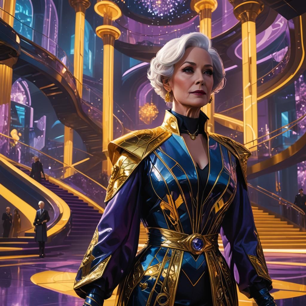 High-Fashion Fantasy Character in Sci-Fi Landscape