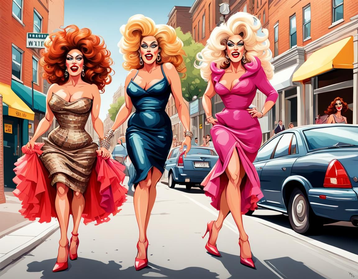 Humorous Caricature: Drag Queens Race Through Town