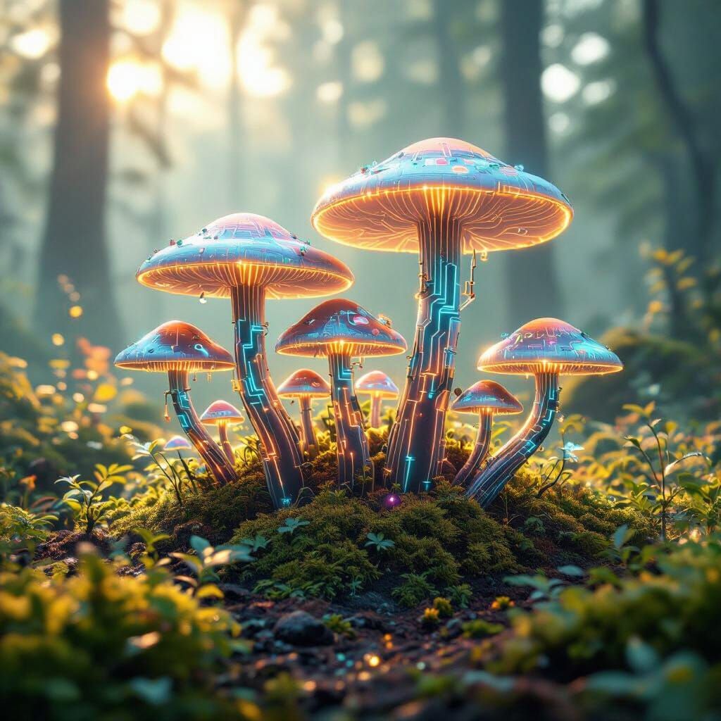 Bioluminescent Mushrooms on Futuristic Forest Floor