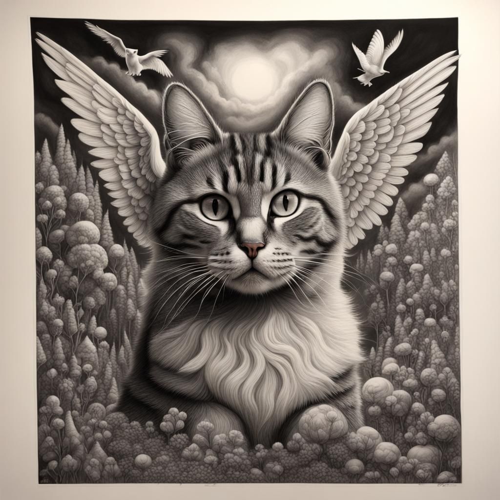 Enchanted Purradise: A Charcoal Drawing of Winged Cats