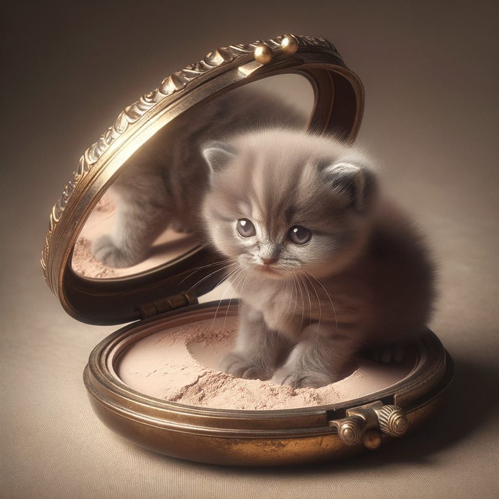 Kitten's Whimsical Playground: An Antique Powder Compact