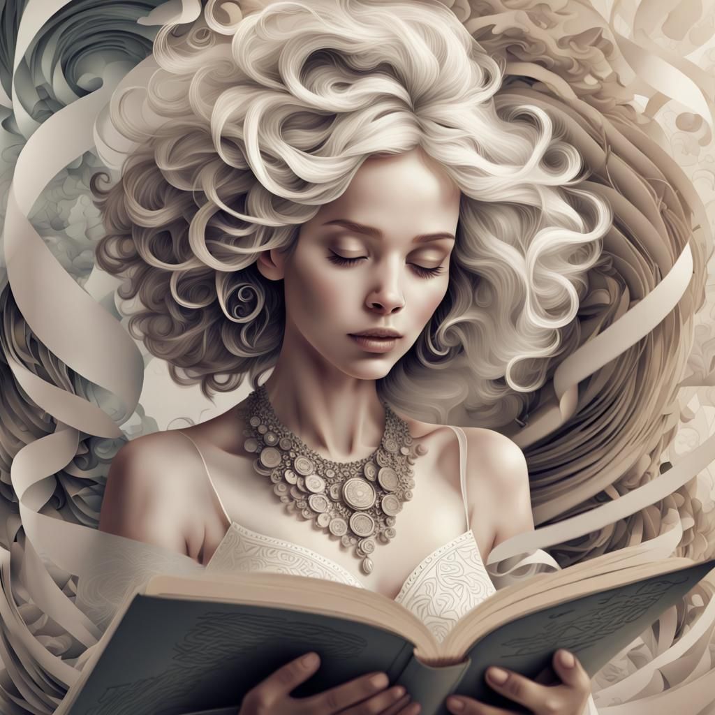 Pastel Monochrome Woman with Book Page Ornaments
