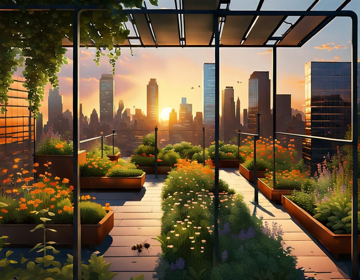 Rooftop Garden Oasis at Sunset
