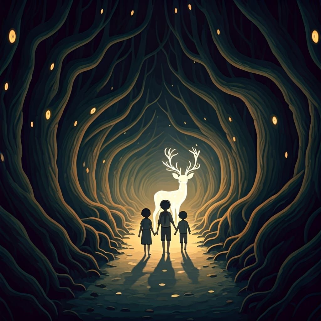 Children Guided by Fawn Through Dark Forest