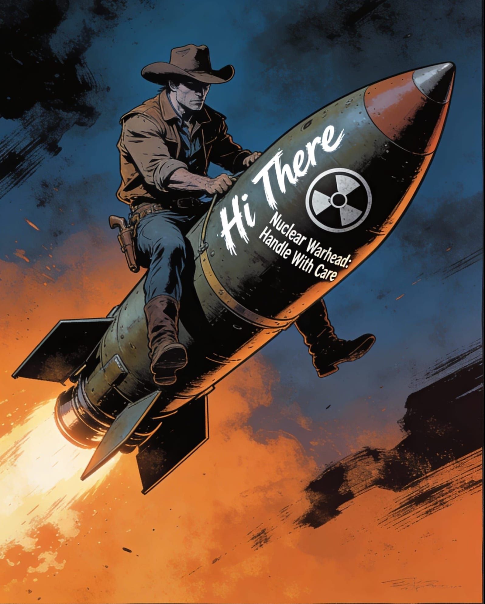 Cowboy Straddles Atomic Missile With "Hi There"