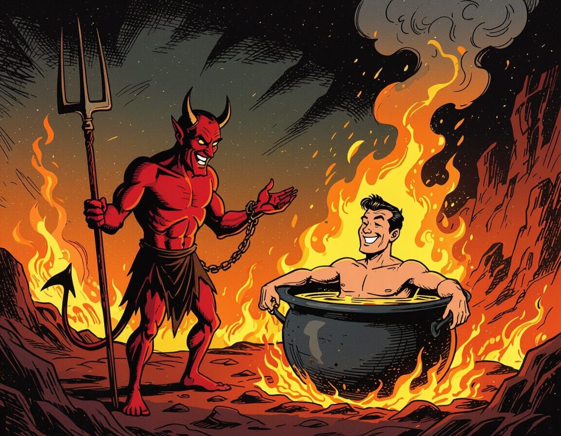 Devil Offers Torment to Man in Fiery Underworld Comic Style