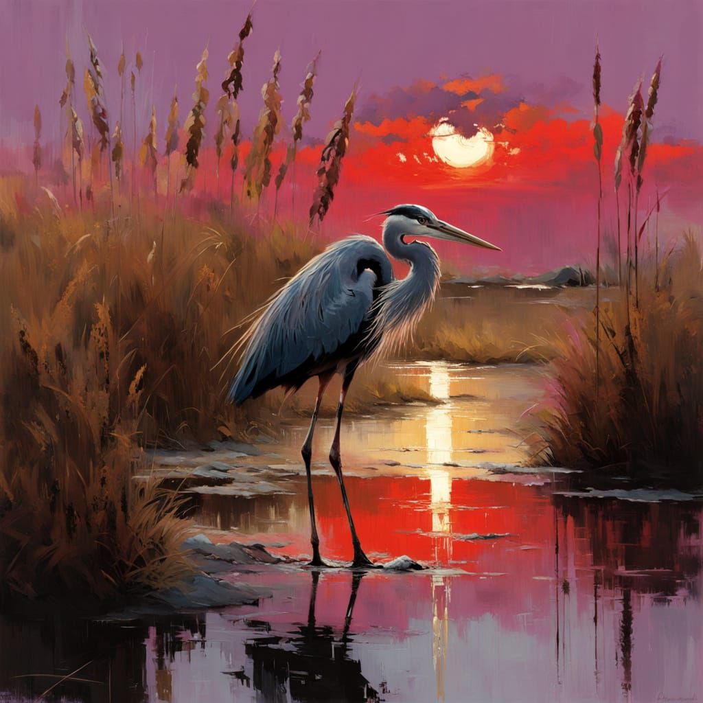 Vibrant Autumn Heron in Expressionist Masterpiece