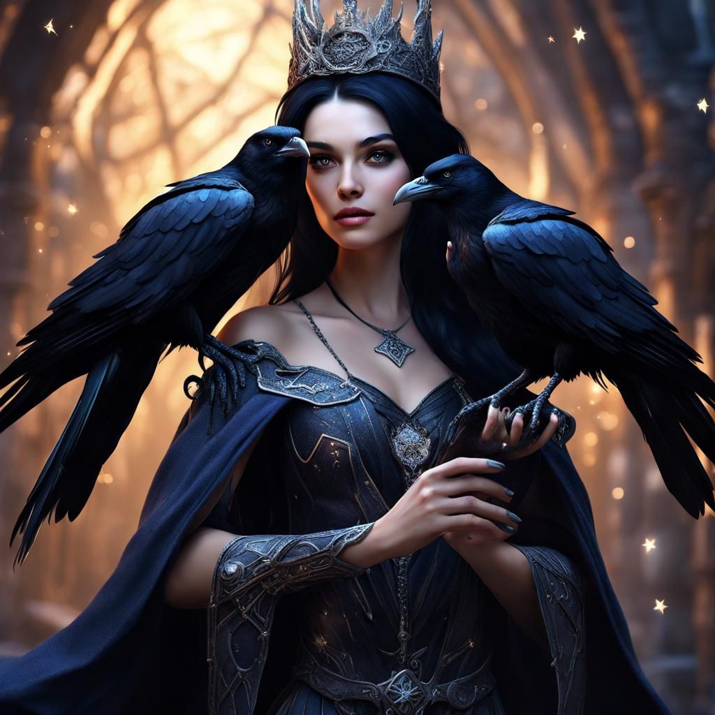 Fantastical Wizard Princess with Raven in Detailed Painting