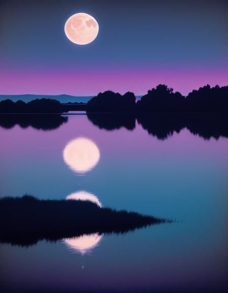 Strawberry Moon Glows Over Tranquil Lake: Surrealism
