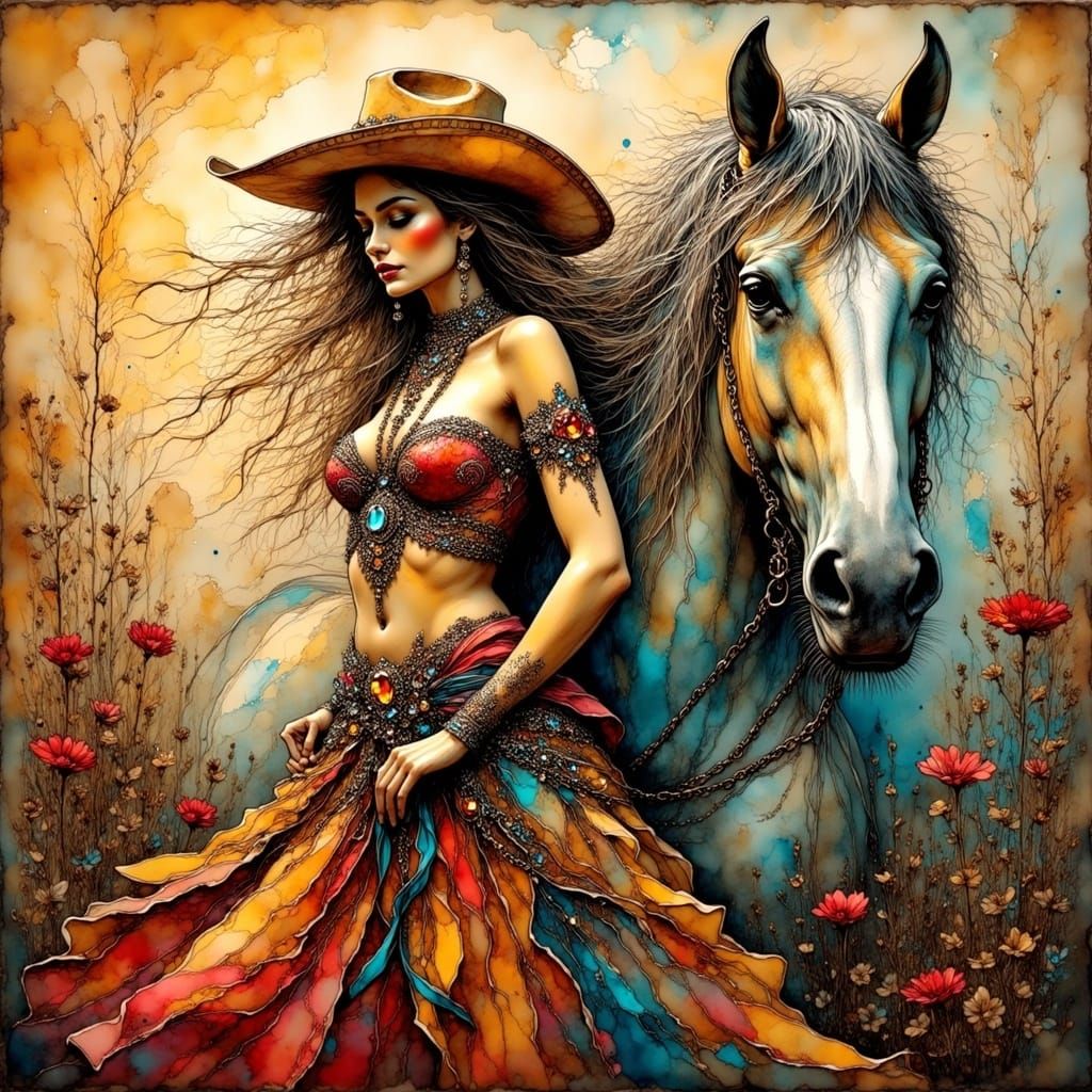 Vibrant Cowgirl Embracing Majesty in Whimsical Art Deco Styl...