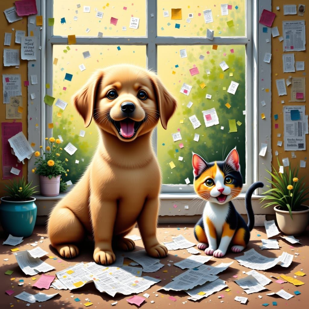 Fluffy Puppy and Kitten Playfully Shredding Paper