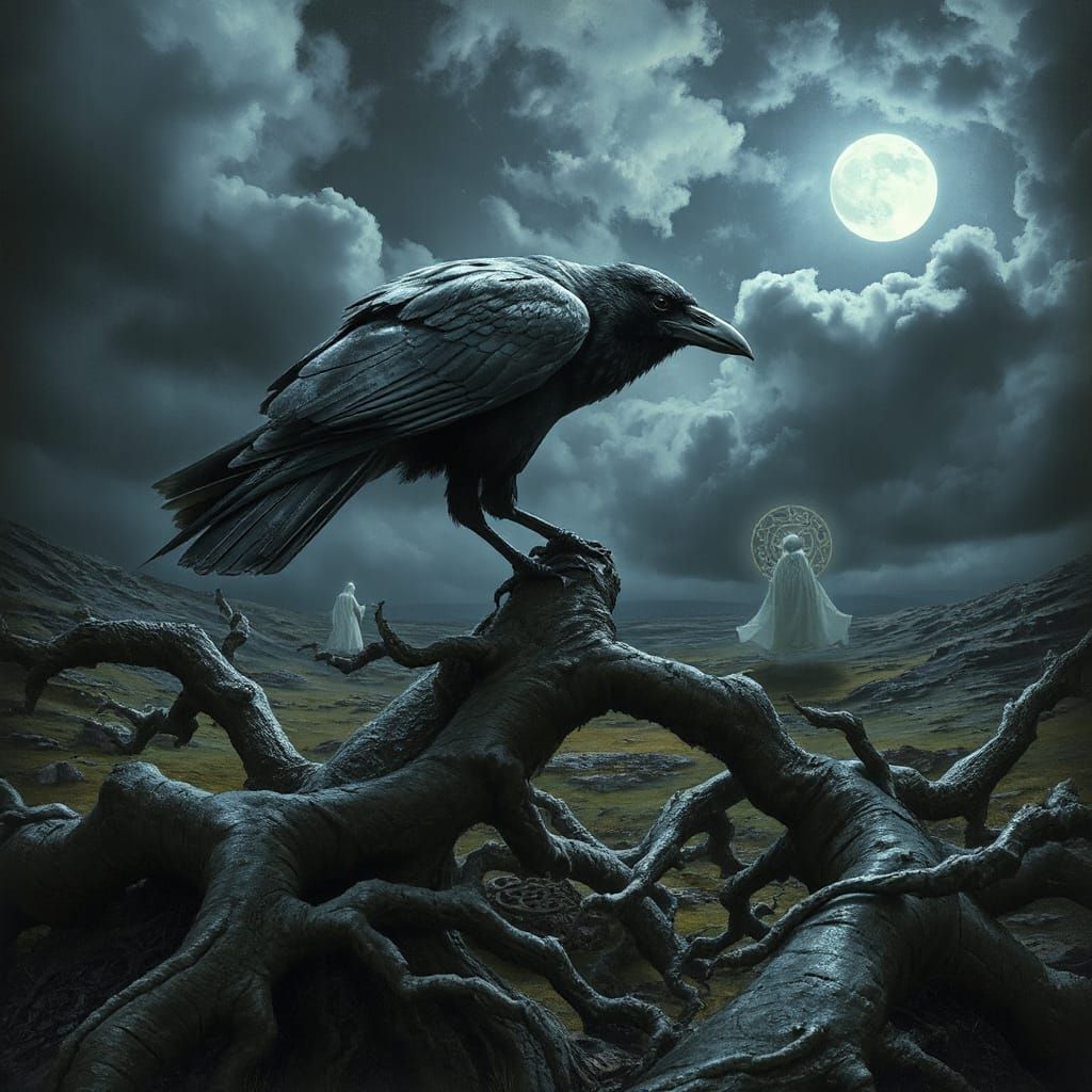 Mystical Raven in Liminal Dark Fantasy Landscape