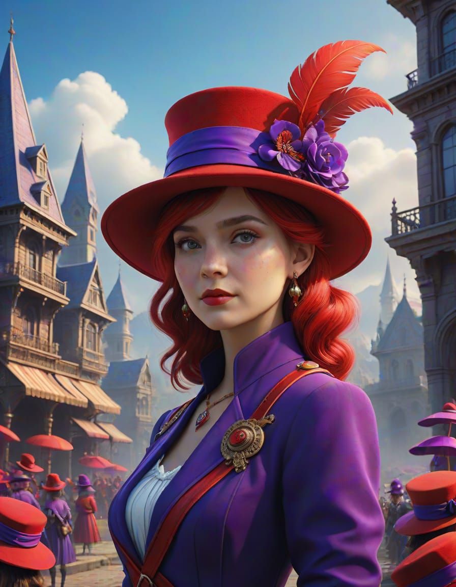 Ethereal Red Hat Society Gathering in Vibrant Fantasy Realm