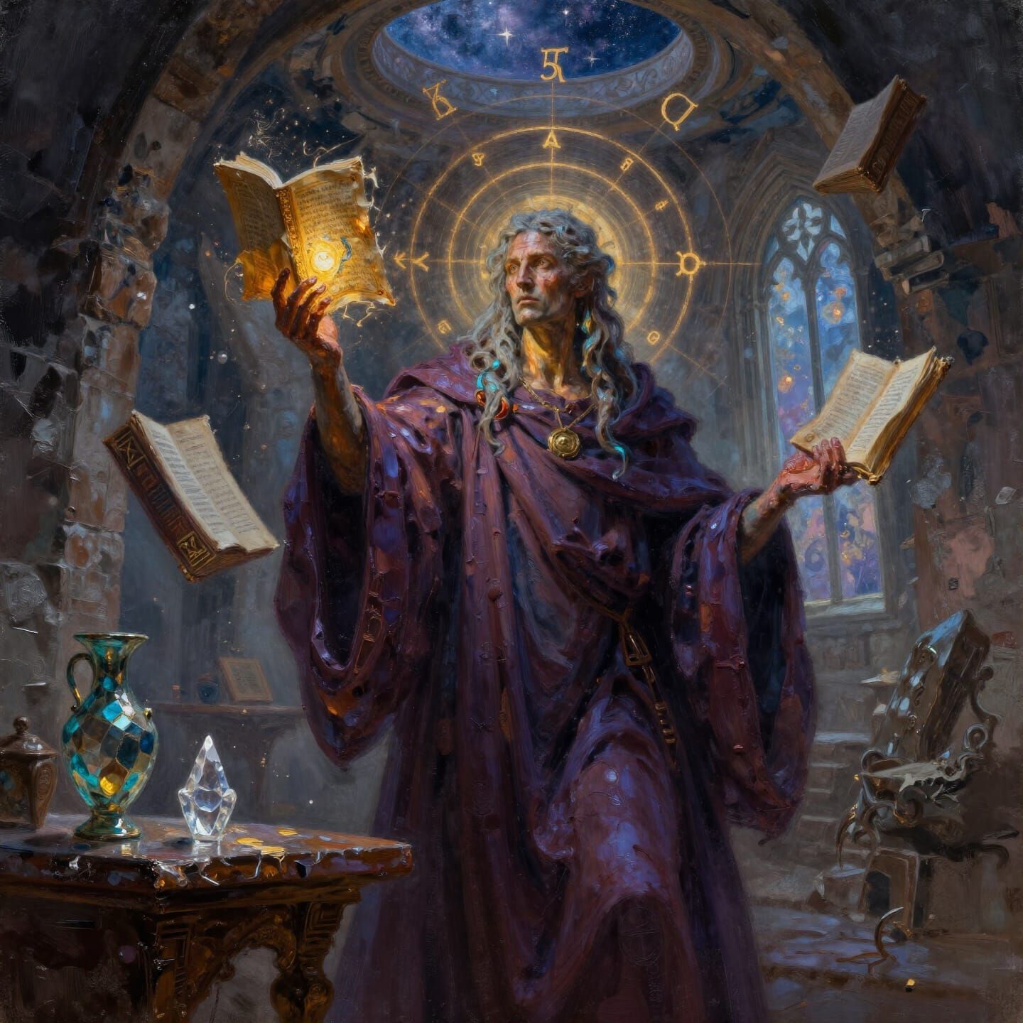 Ancient Sorcerer in Crumbling Tower, Painterly Style