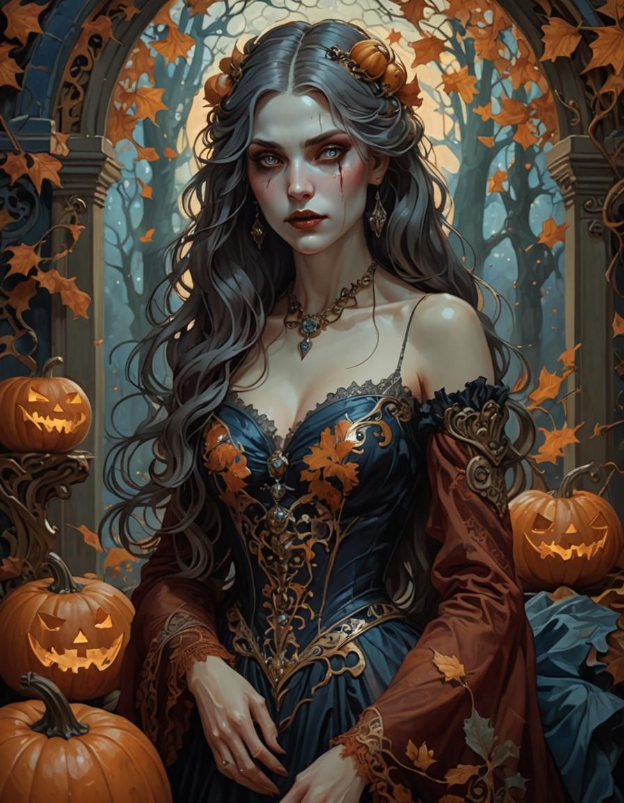 Art Nouveau Vampire Woman with Pumpkins