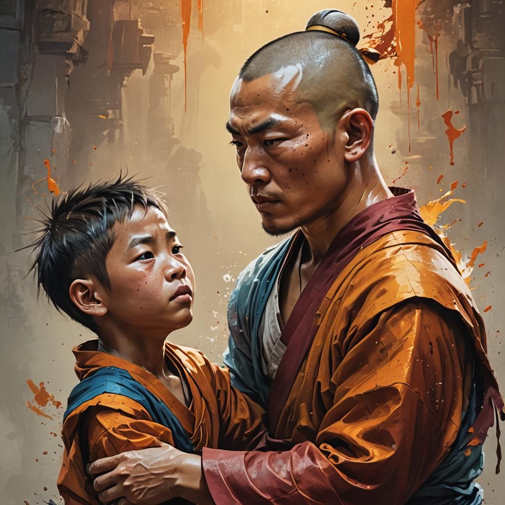 Shaolin Monk Master Training Young Boy: Hyperrealistic Art