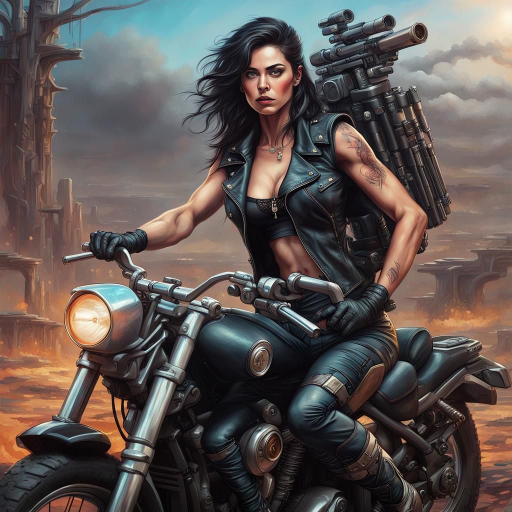 Post-Apocalyptic Biker Woman with Futuristic Rifle