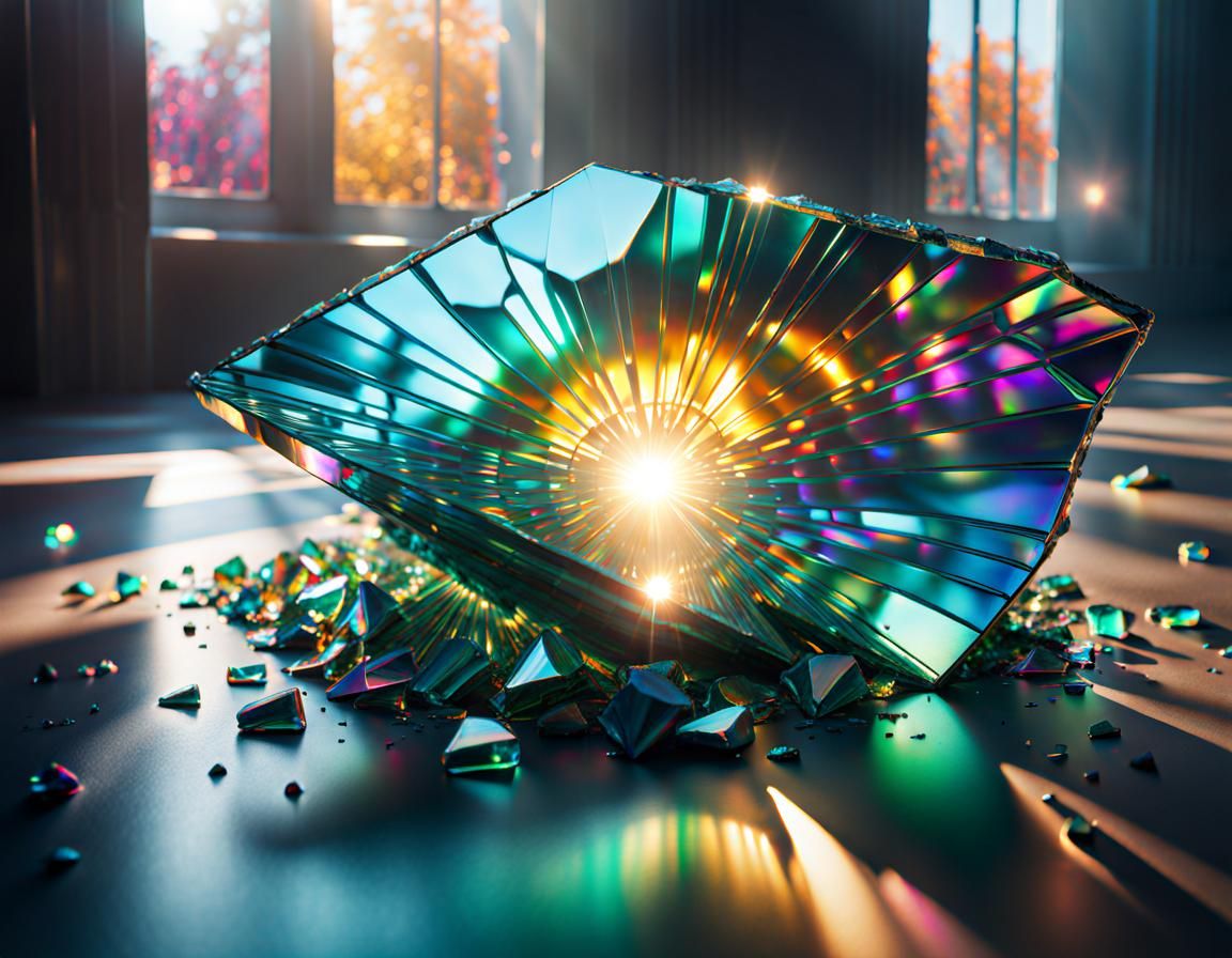Iridescent Sunlight Through Broken Glass in 8K