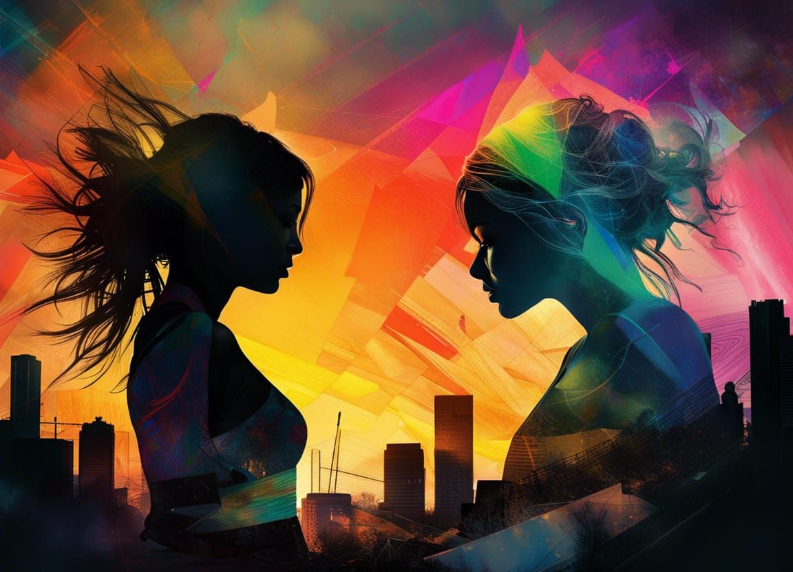 Sunset Silhouette: Urban Embrace in Rainbow Swirls