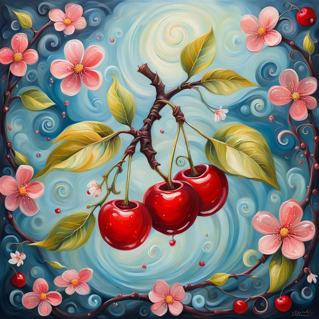 Whimsical Cherries with Fairy-Like Patterns in Oil Painting
