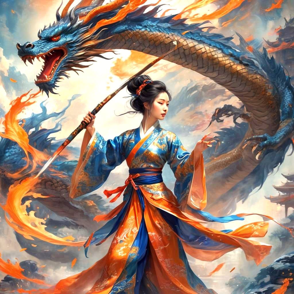 Chinese Painting: Lady Dancing with Dragon