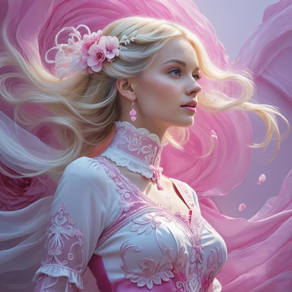 Blond Woman in Pink and White Dress