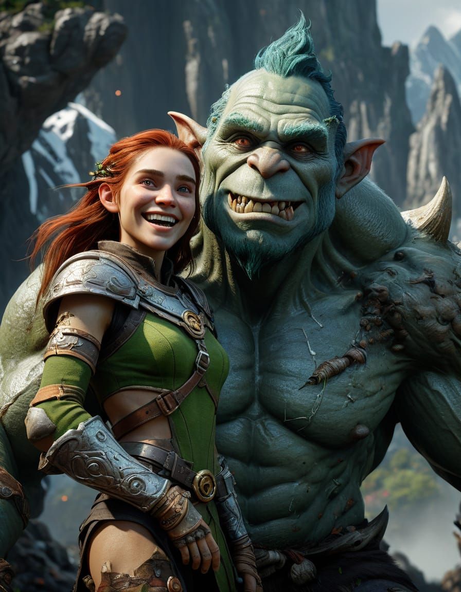 Elf and Troll Selfie: Detailed Fantasy Art