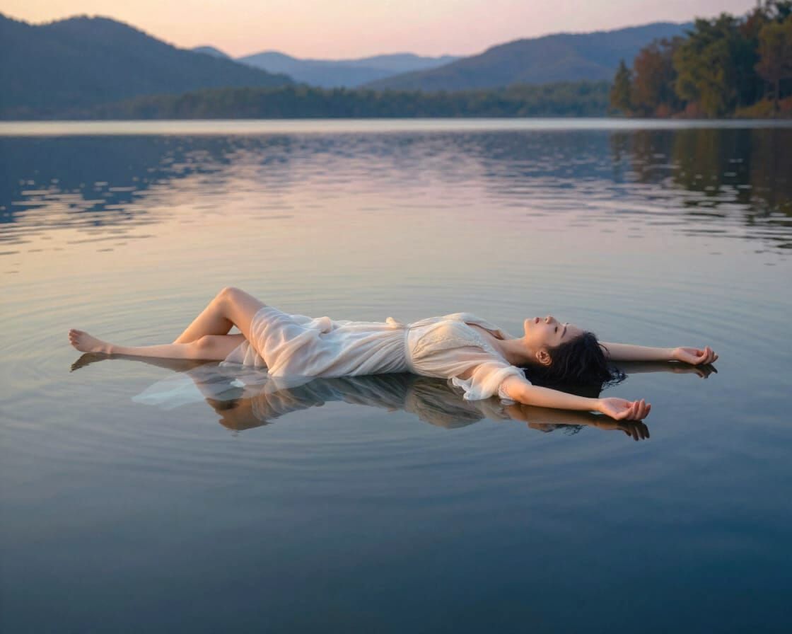 Surreal Woman Floating on Mirror Lake in Painterly Style