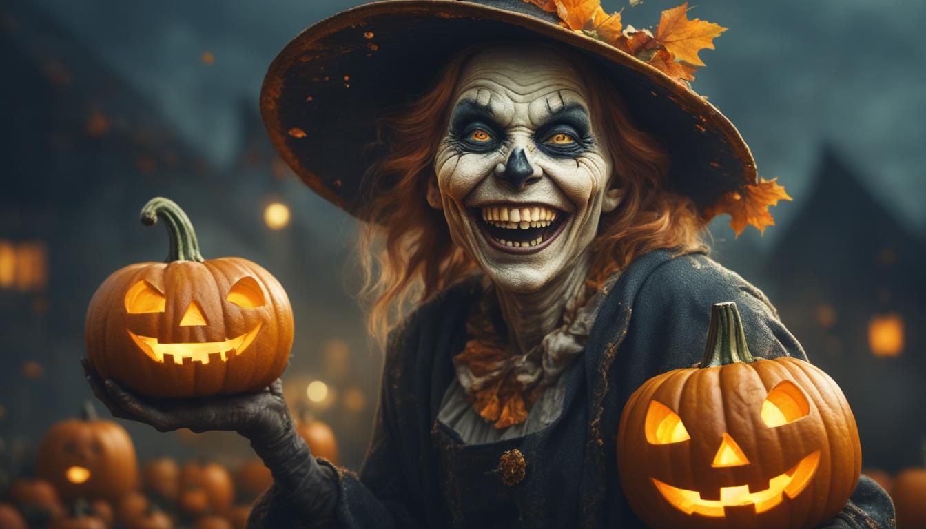 Crazy Pumpkinhead Witch in Hyperrealistic 8K