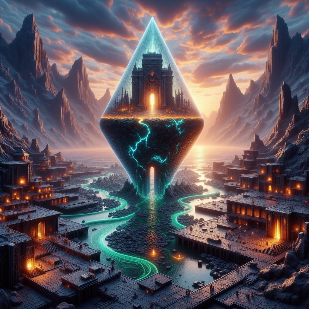 Mythic Harbor at Twilight with Titanic Glass Lighthouse