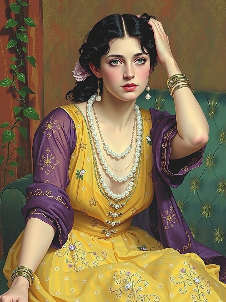 Woman in Gown on Velvet Sofa, Romantic Painting Style