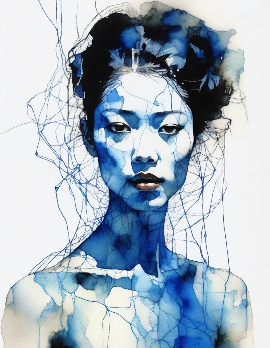 Blue Skinned Woman Portrait in Art Nouveau Style