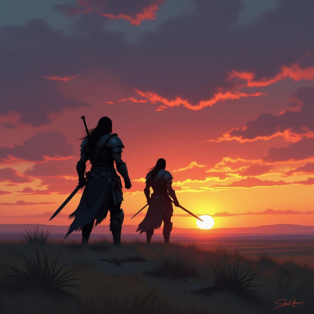 Warrior Silhouetted on Savanna in Dramatic Fantasy Style