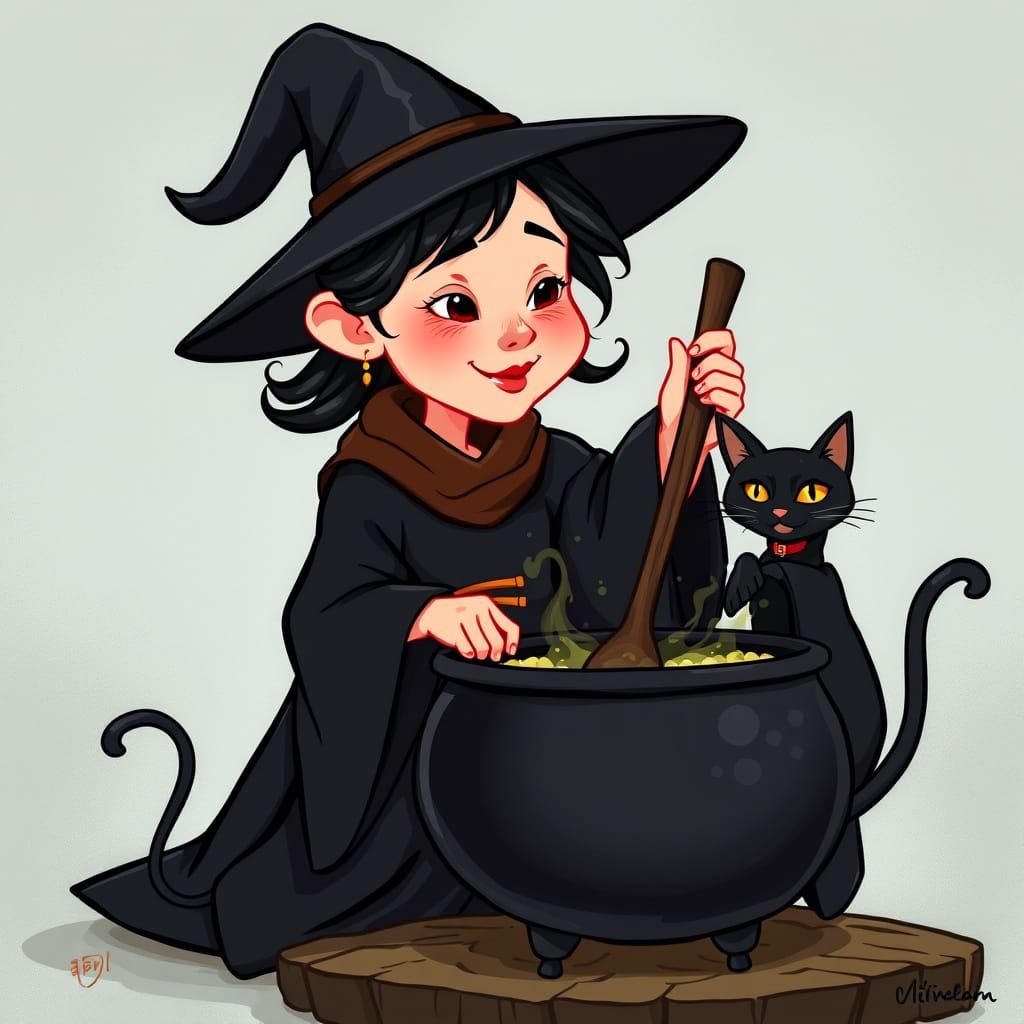 Asian Witch and Black Cat Cartoon in Miyazaki Style