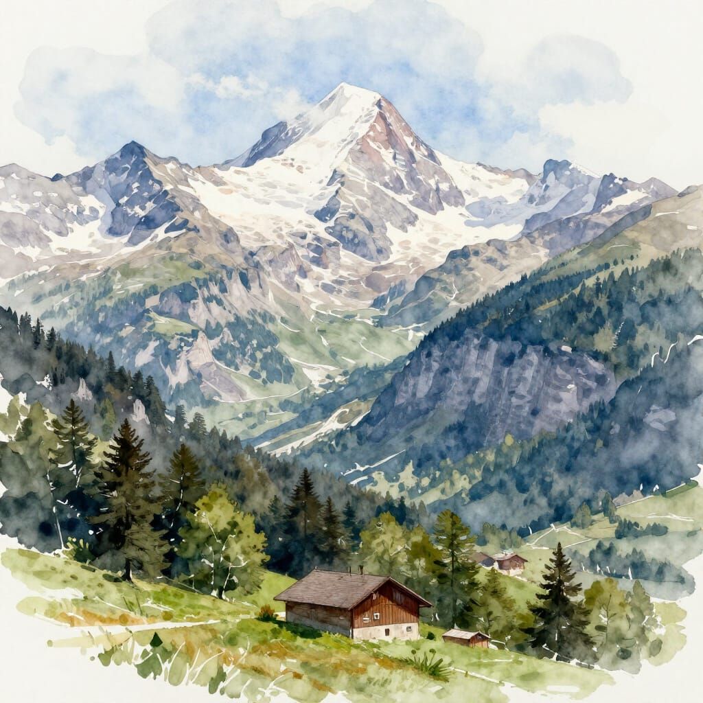 Swiss Mountains in Watercolor Style