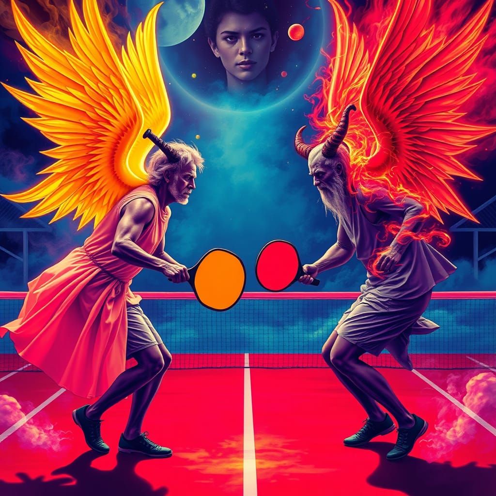 Pickleball Battle: Heaven vs Hell in Neon Surrealism